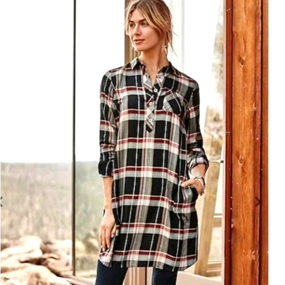 J Jill Size Petite XS Tencel Popover Shirt Dress Black Red Plaid - Picture 2 of 11